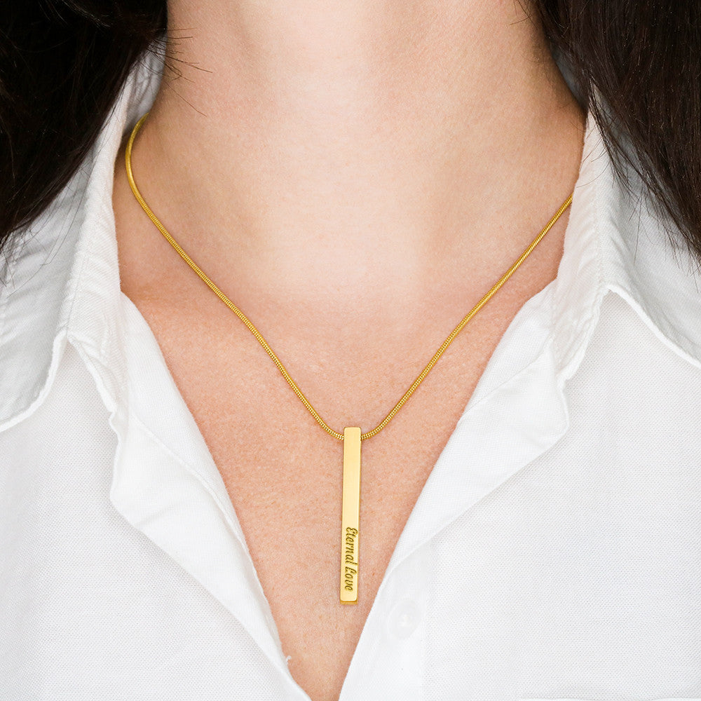 Engraved 4-Sided Bar Necklace for Best Friend – A Meaningful Gift of Friendship | Stainless Steel or 18k Gold Finish worn on a woman’s neck