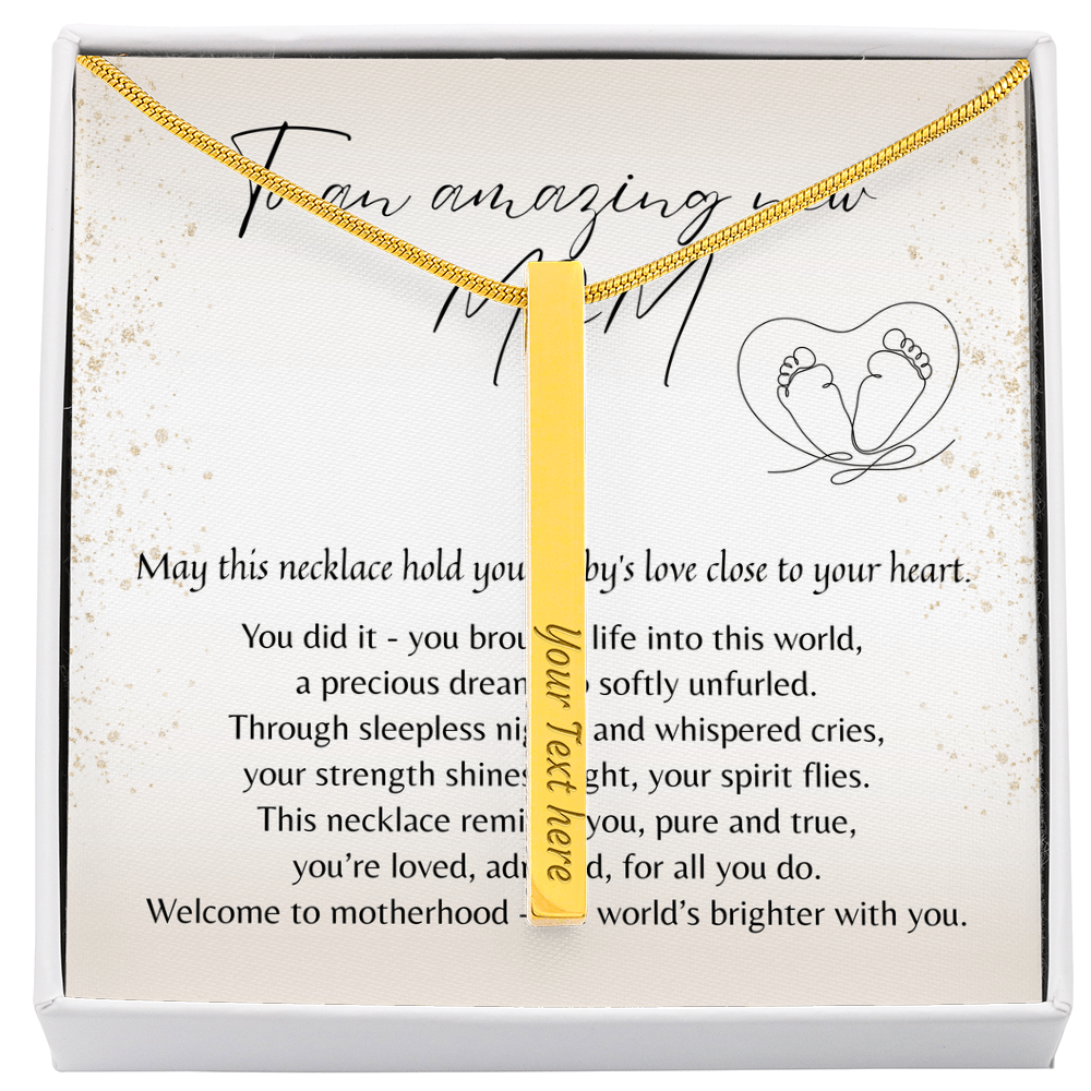 Personalized Engraved 4-Sided Bar Necklace for New Mom – A Meaningful Gift for a New Mom | Stainless Steel or 18k Gold Finish displayed in a gift box with a poem card