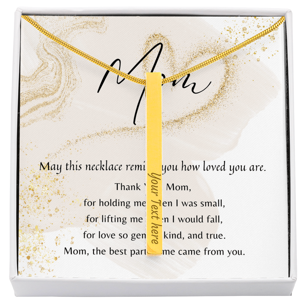 Personalized Engraved 4-Sided Bar Necklace for Mom – A Meaningful Gift of Love with gold bar and gift box background