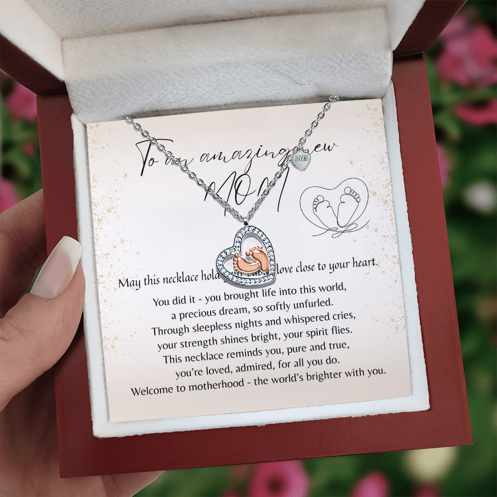 Baby Feet Heart Necklace for New Mom – A Meaningful Gift for a New Mom | Sterling Silver & 14k Rose Gold Plated displayed in gift box with message card