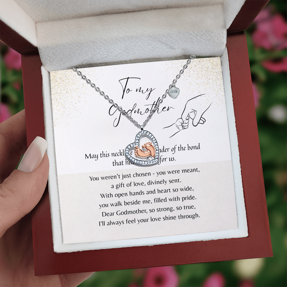 Baby Feet Heart Necklace for Godmother – Sterling Silver & Rose Gold | A Meaningful Thank You Gift for Godmother in gift box with card