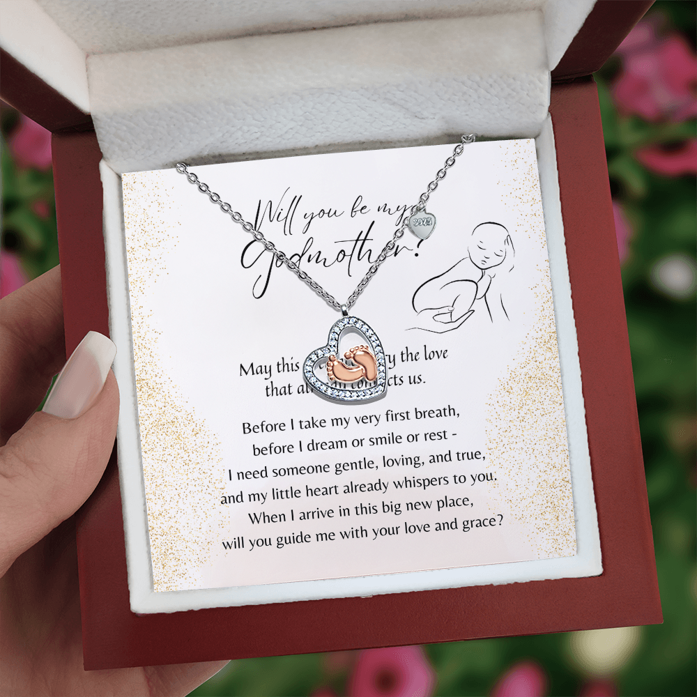 Baby Feet Heart Necklace for Godmother – A Meaningful Godmother Proposal Gift | 925 Sterling Silver & 14K Rose-Gold Finish in gift box with poem card