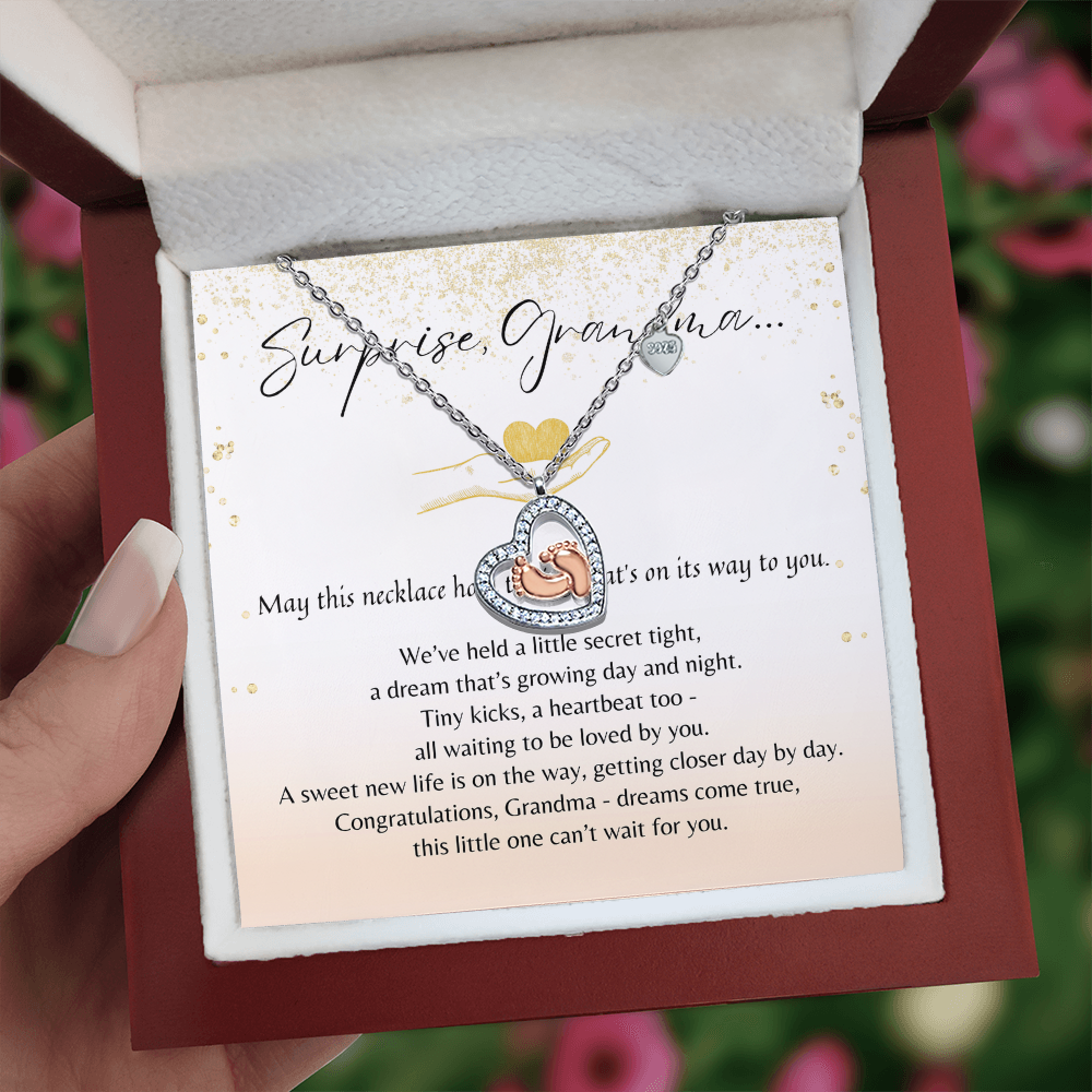 Baby Feet Heart Necklace for Grandma-To-Be - meaningful jewelry gift with silver and 14K rose gold in gift box