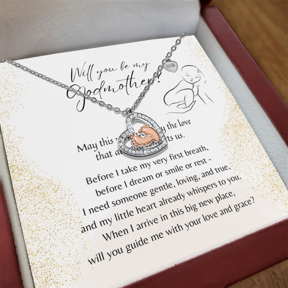 Baby Feet Heart Necklace for Godmother – A Meaningful Godmother Proposal Gift | 925 Sterling Silver & 14K Rose-Gold Finish with a proposal card in gift box