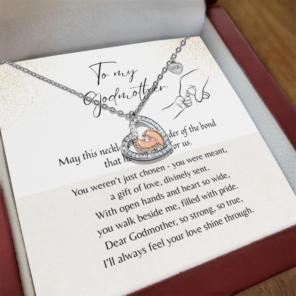 Baby Feet Heart Necklace for Godmother – Sterling Silver & Rose Gold displayed with a heartfelt message in a gift box