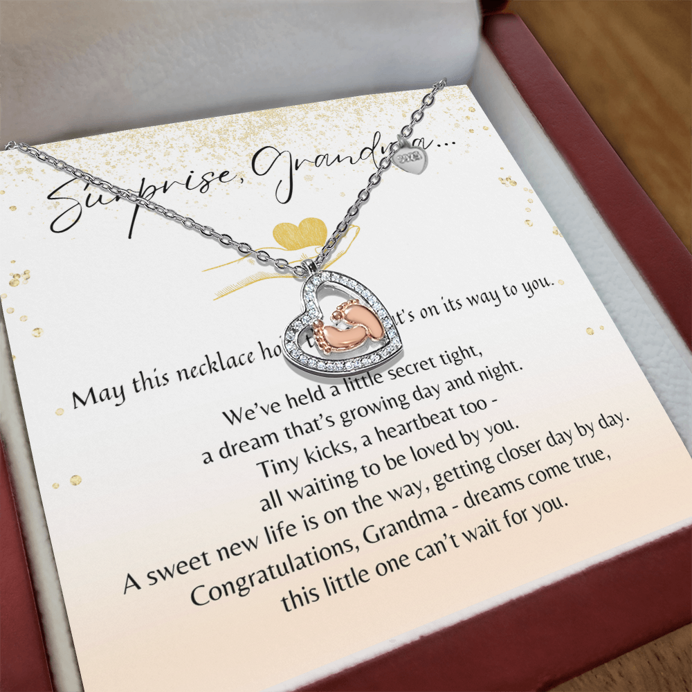 Baby Feet Heart Necklace for Grandma-To-Be - A Meaningful Baby Announcement Gift for Grandma | Sterling Silver & 14K Rose Gold Plated with poem card