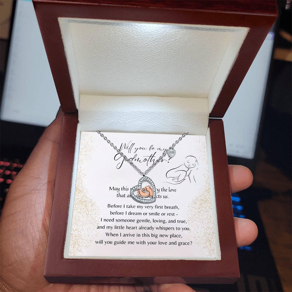 Baby Feet Heart Necklace for Godmother – A Meaningful Godmother Proposal Gift | 925 Sterling Silver & 14K Rose-Gold Finish in gift box with poem card