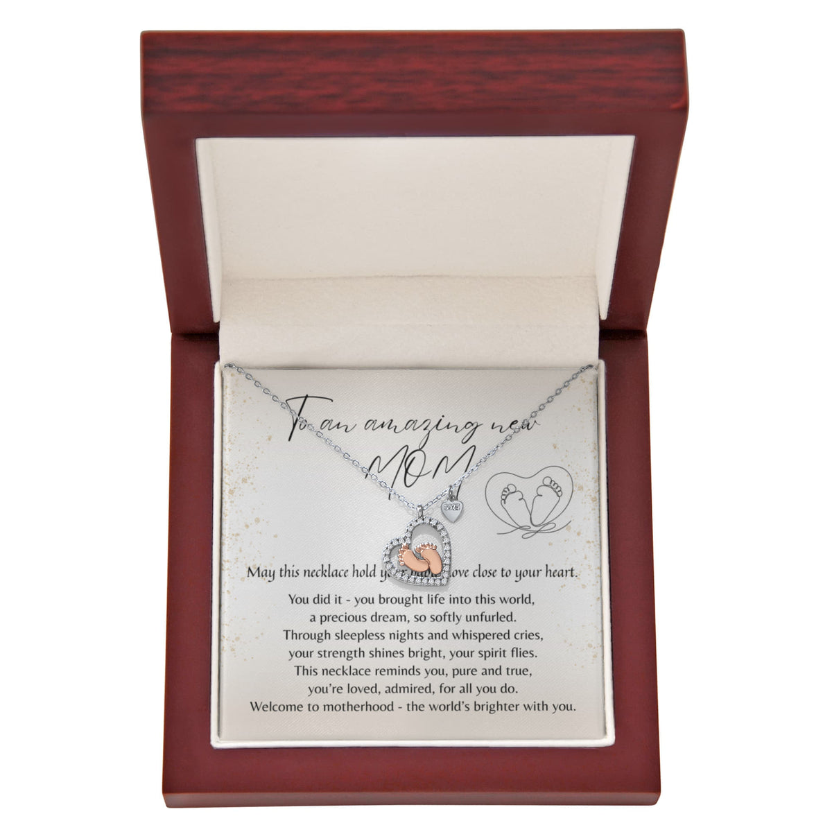 Sterling silver and 14k rose gold plated Baby Feet Heart Necklace for New Mom – A Meaningful Gift for a New Mom displayed in gift box
