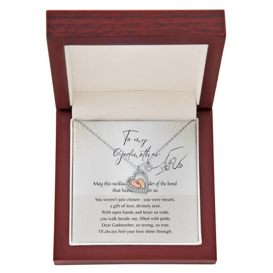Baby Feet Heart Necklace for Godmother – Sterling Silver & Rose Gold displayed in a wooden gift box with message card.