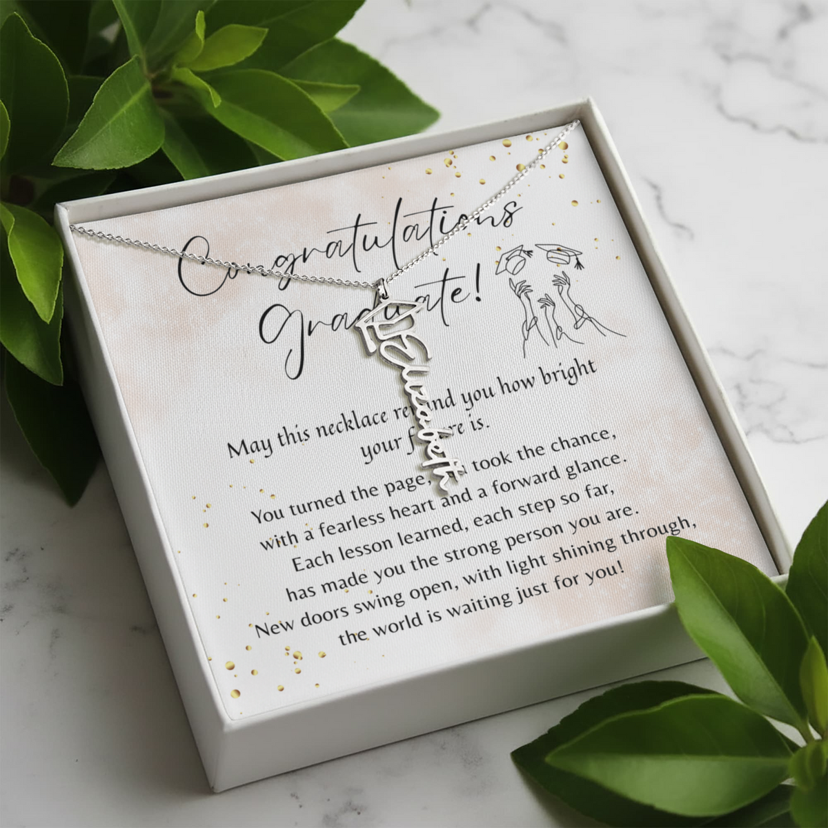 Custom Graduation Cap Name Necklace for Graduate – Personalized Graduation Gift in gift box with congratulatory message card