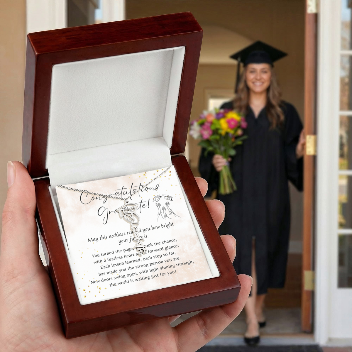 Custom Graduation Cap Name Necklace for Graduate – Personalized Graduation Gift shown in wooden box with congratulatory card