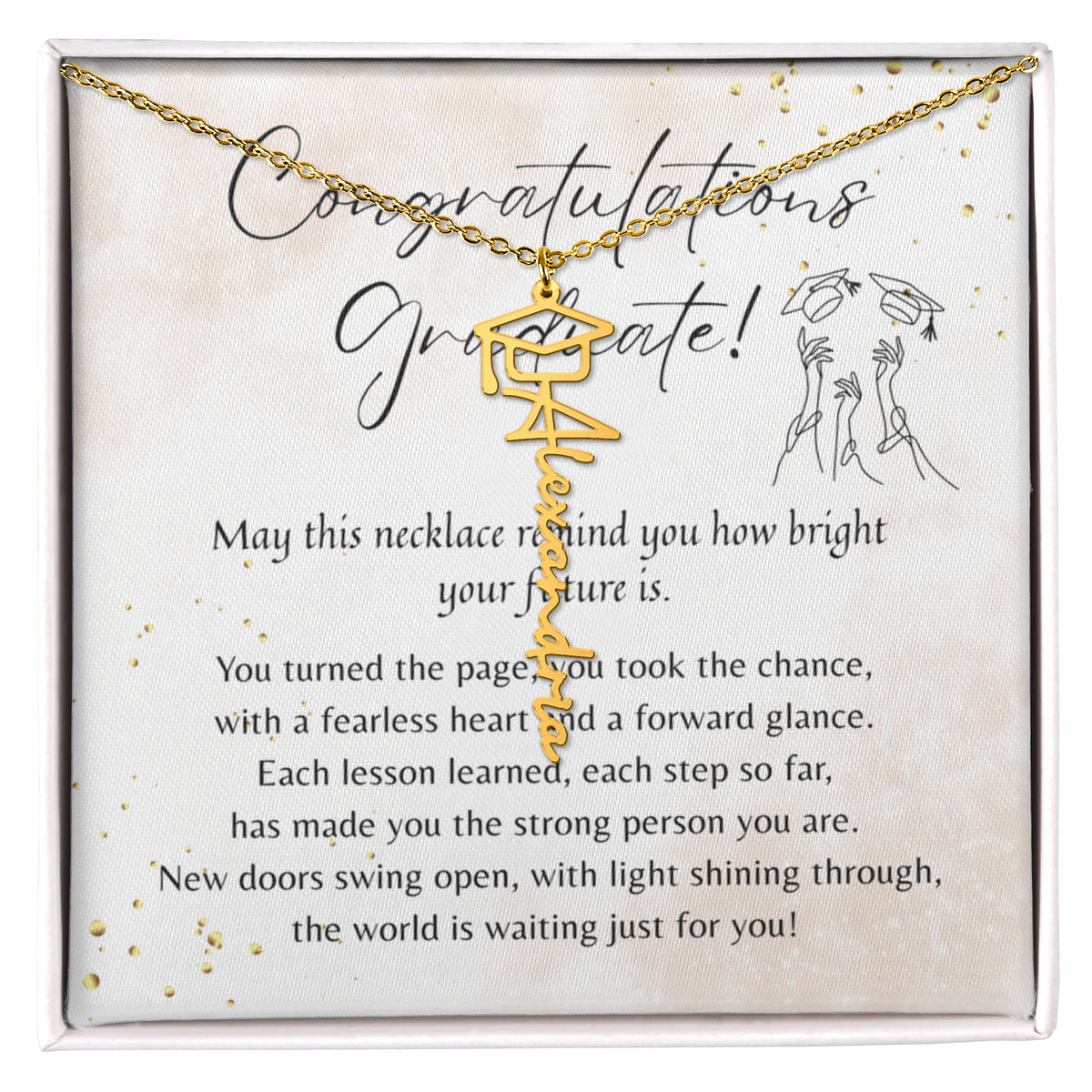 Custom Graduation Cap Name Necklace for Graduate – Personalized Graduation Gift with gold chain and poetic card background