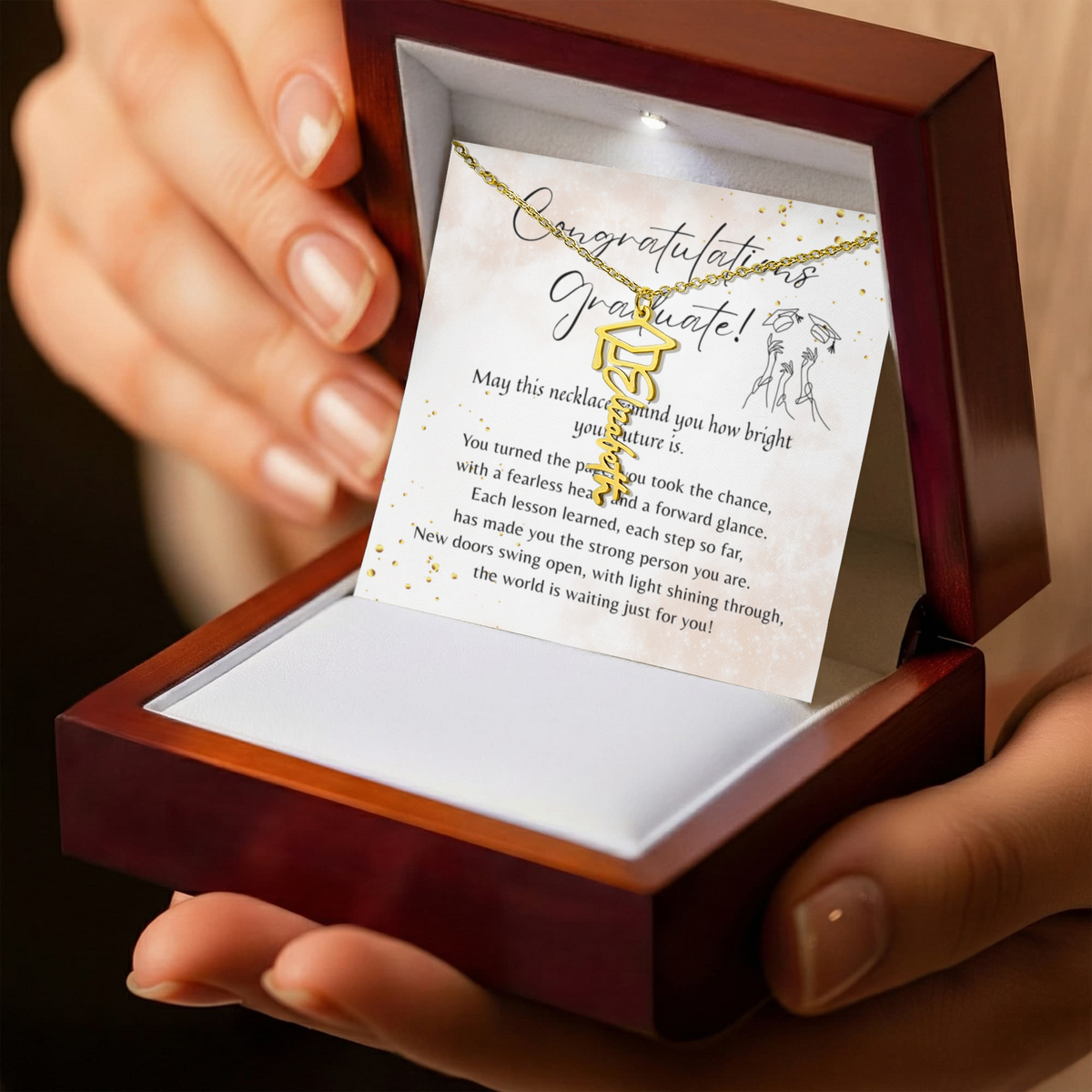Custom Graduation Cap Name Necklace for Graduate – Personalized Graduation Gift in wooden box with heartfelt message card