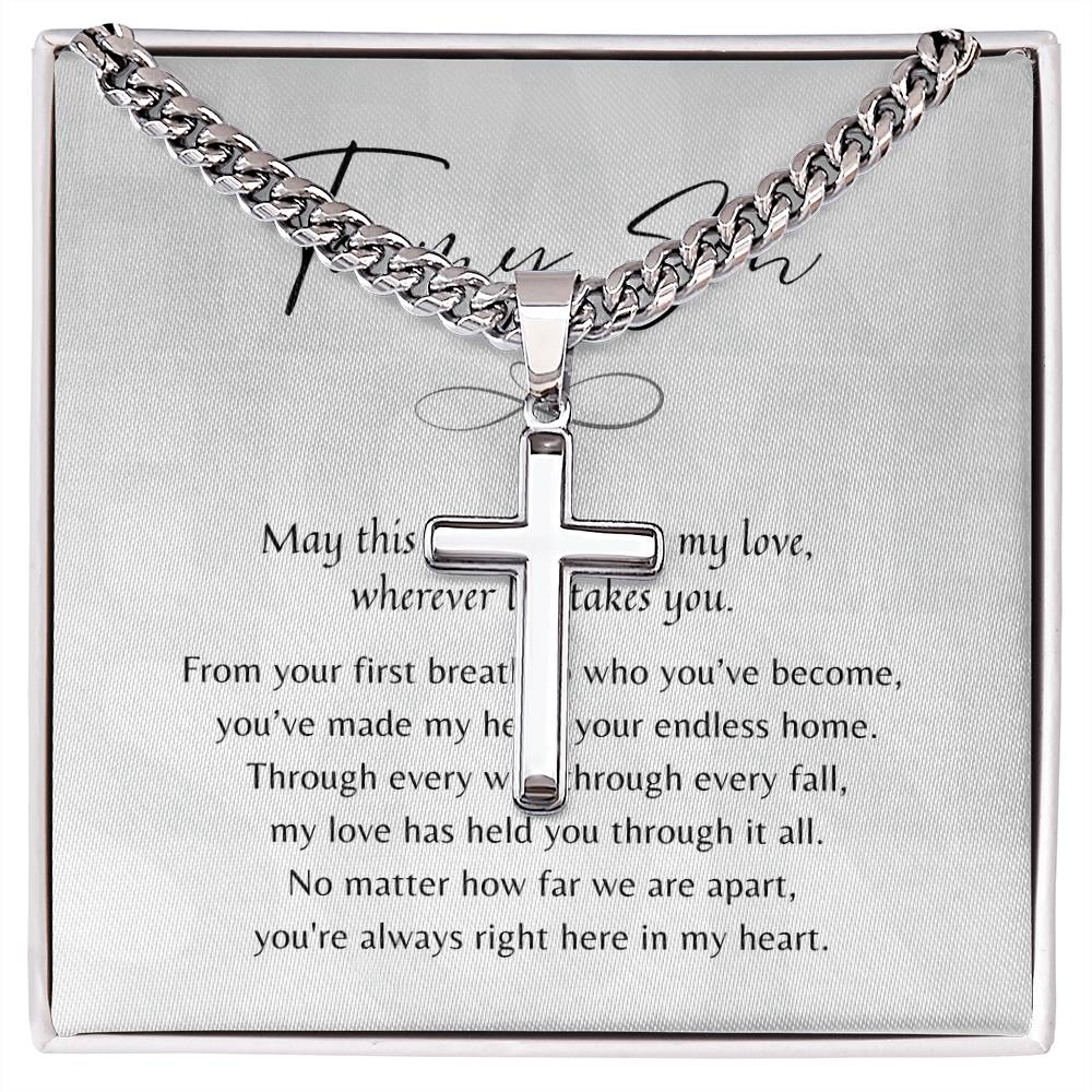 Christian Artisan Cross Necklace for Son – Gift from Mom or Dad with heartfelt message on meaningful jewelry display