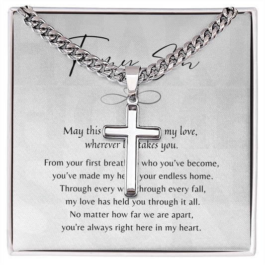 Christian Artisan Cross Necklace for Son – Gift from Mom or Dad with heartfelt message on meaningful jewelry display