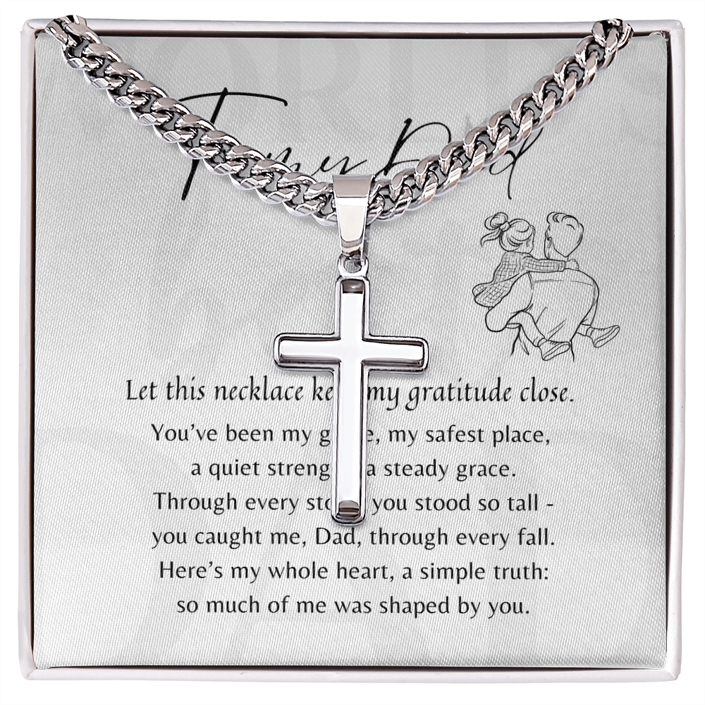 Artisan Cross Necklace for Dad – Stainless Steel or 18k Gold Finish with Cuban Chain | A Meaningful Gift for Dad displayed with a heartfelt message card