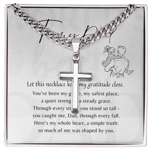 Artisan Cross Necklace for Dad – Stainless Steel or 18k Gold Finish with Cuban Chain | A Meaningful Gift for Dad displayed with a heartfelt message card