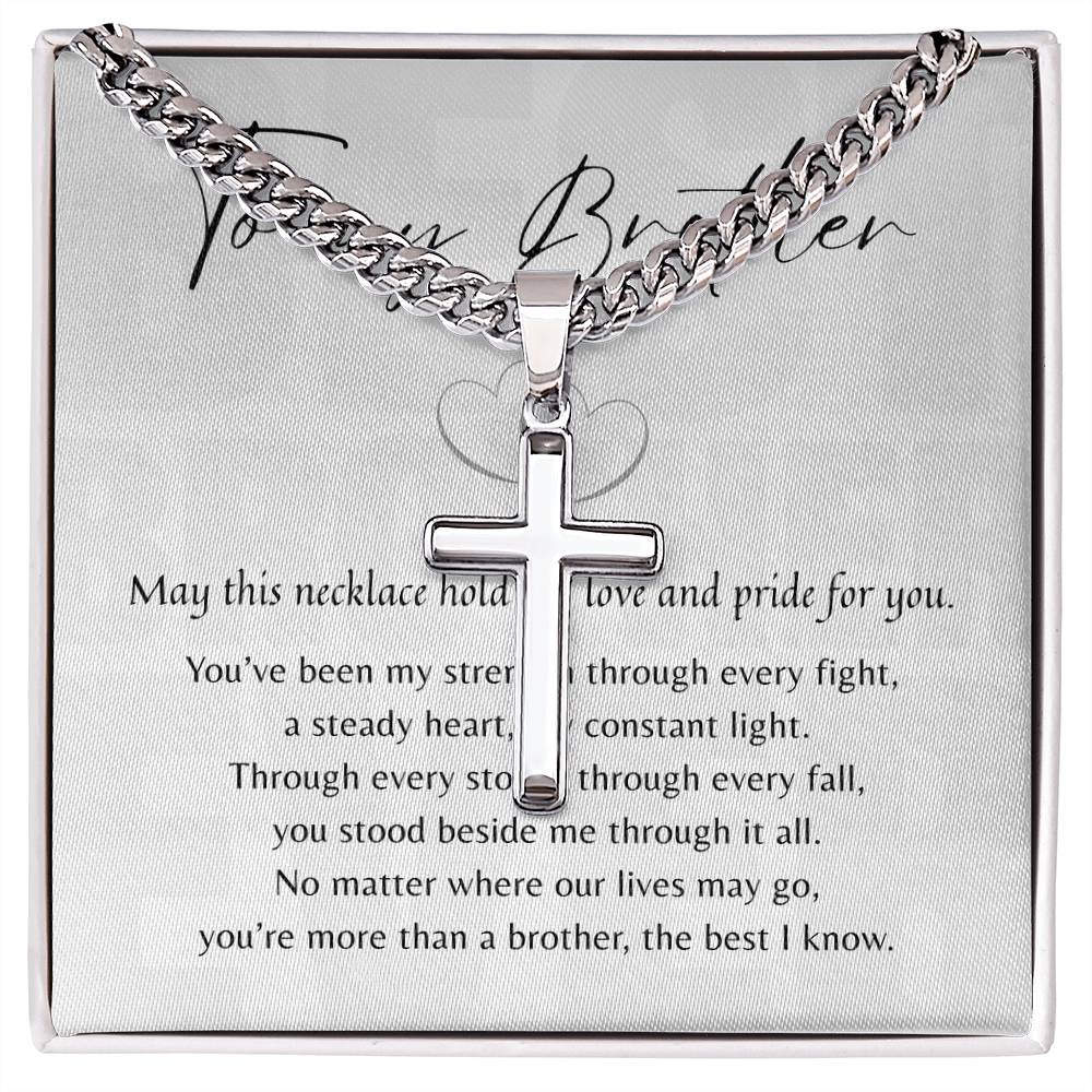 Artisan Cross Necklace for Brother – Brother Gift with silver chain on meaningful message card expressing love and pride