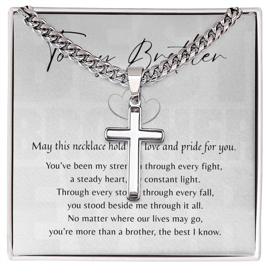 Artisan Cross Necklace for Brother – Brother Gift with silver chain on meaningful message card expressing love and pride