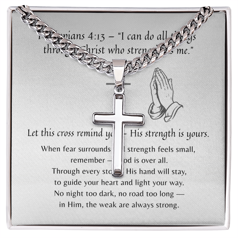 Artisan Cross with Cuban Link Chain for Him – A Meaningful Christian Gift for Him | Philippians 4:13 verse with prayer hands card