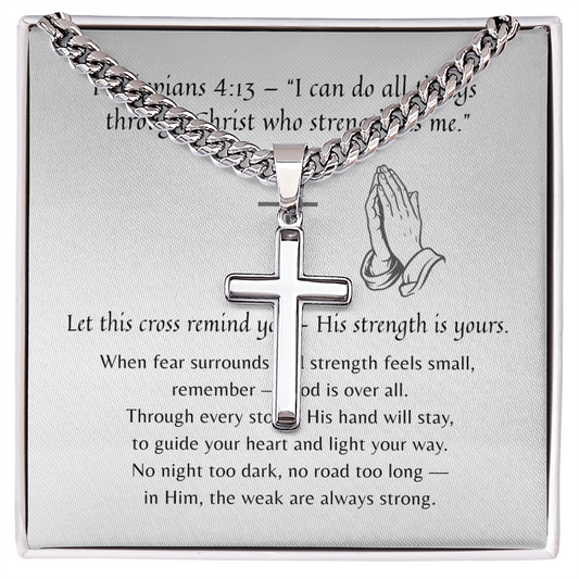 Artisan Cross with Cuban Link Chain for Him – A Meaningful Christian Gift for Him | Philippians 4:13 verse with prayer hands card
