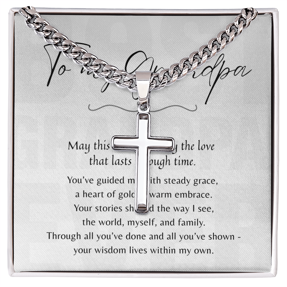 Artisan Cross Necklace for Grandpa – Stainless Steel or 18k Gold Finish with Cuban Chain | A Meaningful Gift for Grandpa displayed on a gift card.