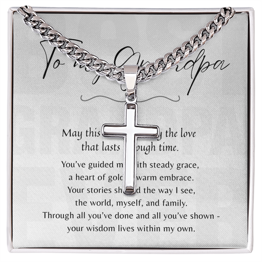 Artisan Cross Necklace for Grandpa – Stainless Steel or 18k Gold Finish with Cuban Chain | A Meaningful Gift for Grandpa displayed on a gift card.