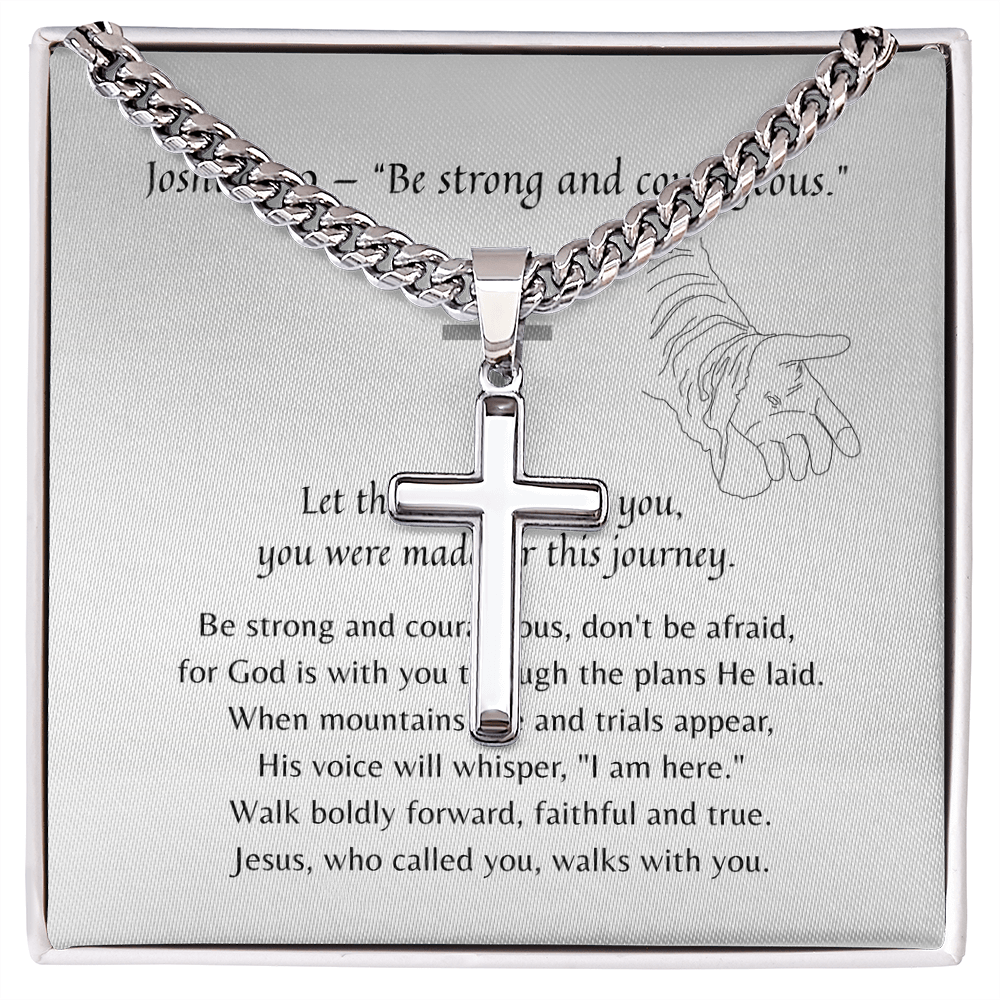 Christian Artisan Cross Necklace for Him – Faith-Inspired Gift in polished silver displayed with inspiring scripture and hand illustration