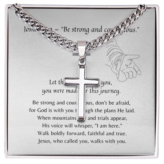 Christian Artisan Cross Necklace for Him – Faith-Inspired Gift in polished silver displayed with inspiring scripture and hand illustration