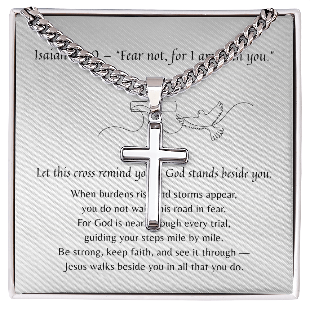 Artisan Cross with Cuban Link Chain for Him – Meaningful jewelry gift with Isaiah 41:10 scripture message in elegant display.