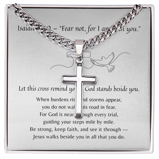 Artisan Cross with Cuban Link Chain for Him – Meaningful jewelry gift with Isaiah 41:10 scripture message in elegant display.