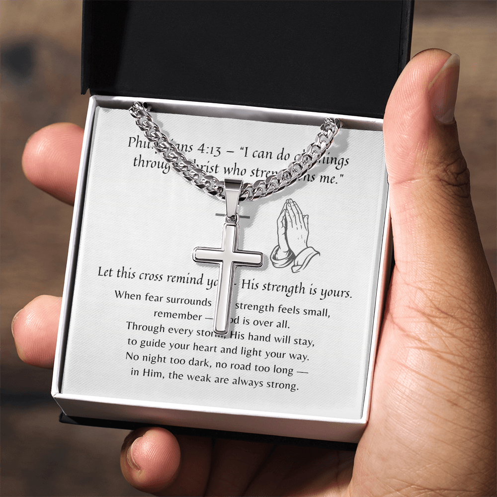Artisan Cross with Cuban Link Chain for Him – A Meaningful Christian Gift for Him | Philippians 4:13 | Stainless Steel or 18k Yellow Gold Finish in gift box with scripture card