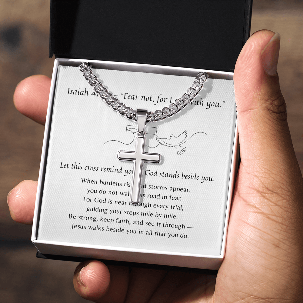 Artisan Cross with Cuban Link Chain for Him – A Meaningful Christian Gift for Him | Isaiah 41:10 | Stainless Steel or 18k Yellow Gold Finish in gift box with scripture card