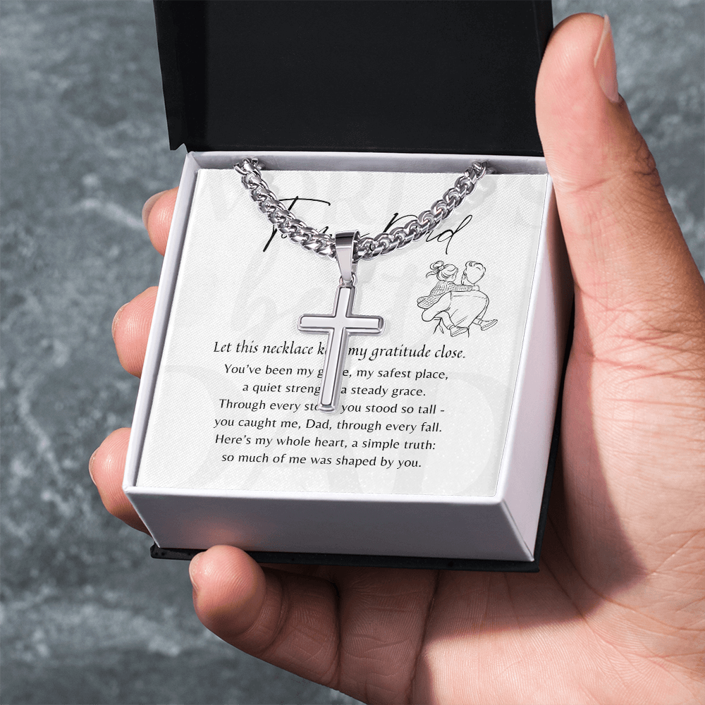 Artisan Cross Necklace for Dad – Stainless Steel or 18k Gold Finish with Cuban Chain | A Meaningful Gift for Dad displayed in gift box with message.