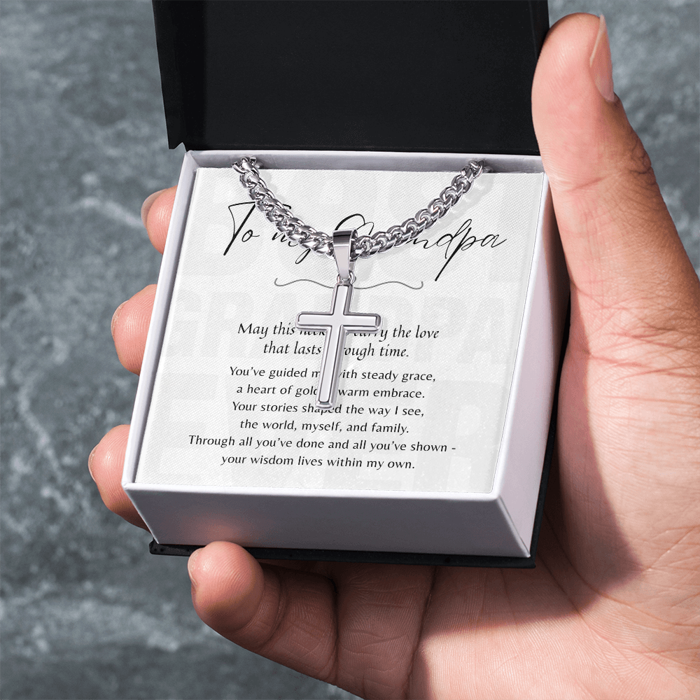Artisan Cross Necklace for Grandpa – Stainless Steel or 18k Gold Finish with Cuban Chain | A Meaningful Gift for Grandpa displayed in open gift box.