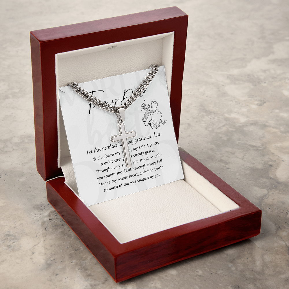 Artisan Cross Necklace for Dad – Stainless Steel or 18k Gold Finish with Cuban Chain | A Meaningful Gift for Dad displayed in a wooden box with a message card
