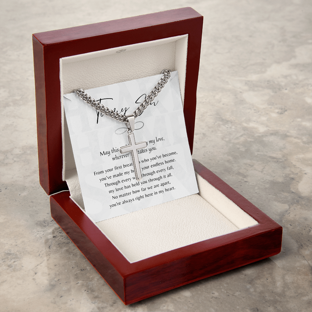 Christian Artisan Cross Necklace for Son – Gift from Mom or Dad displayed in polished wooden box with sentimental message card