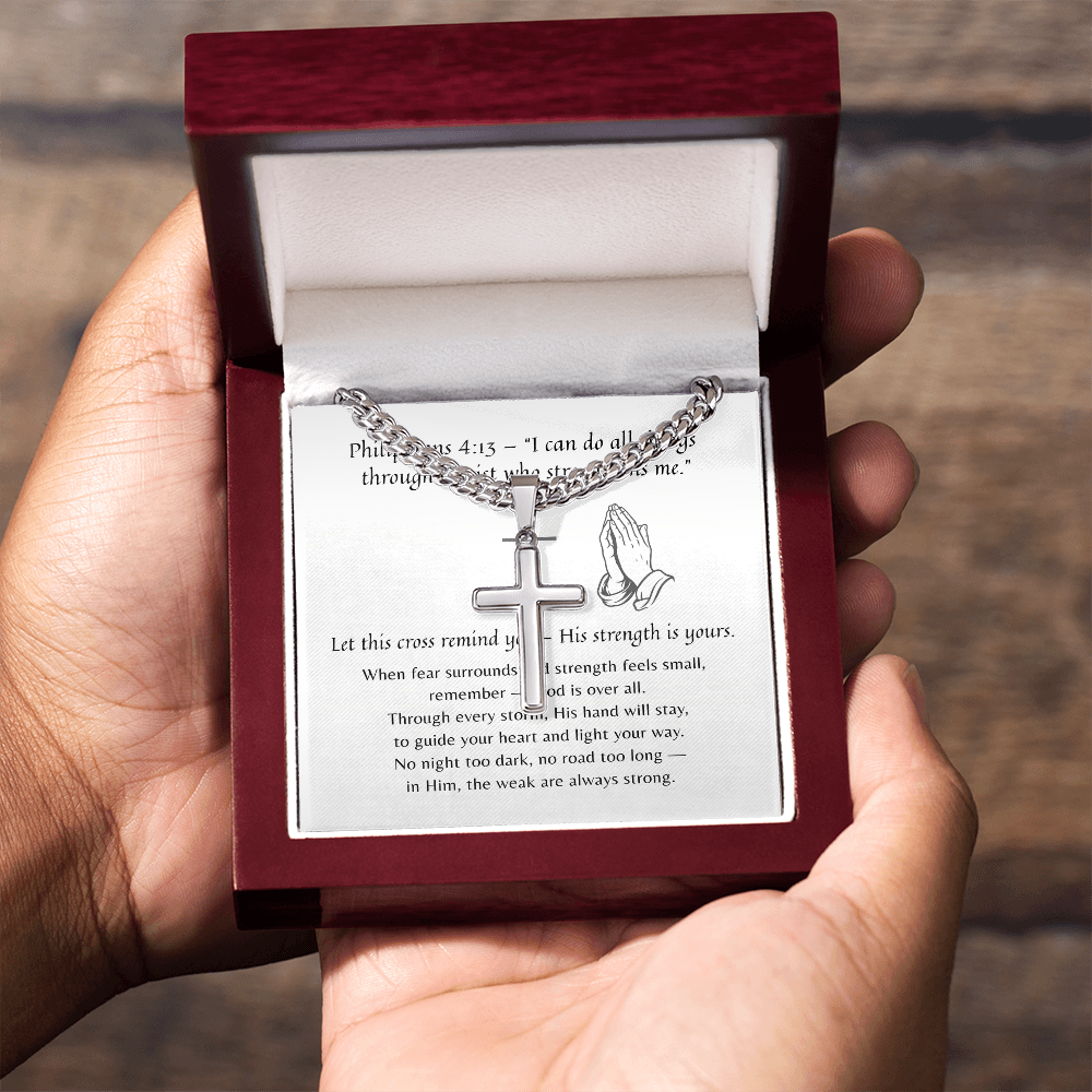 Artisan Cross with Cuban Link Chain for Him – A Meaningful Christian Gift for Him | Philippians 4:13 | Stainless Steel or 18k Yellow Gold Finish displayed in gift box with scripture card