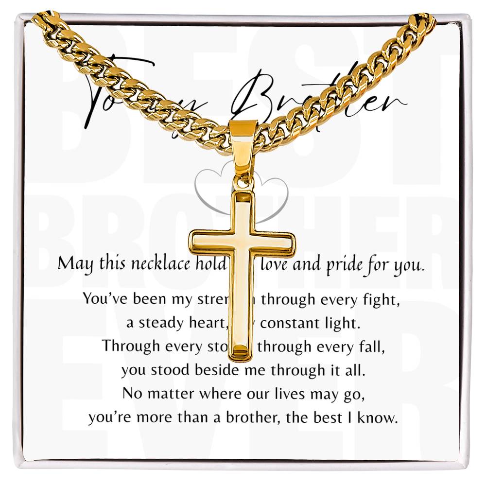 Artisan Cross Necklace for Brother – Brother Gift displayed on card with heartfelt message expressing love and pride