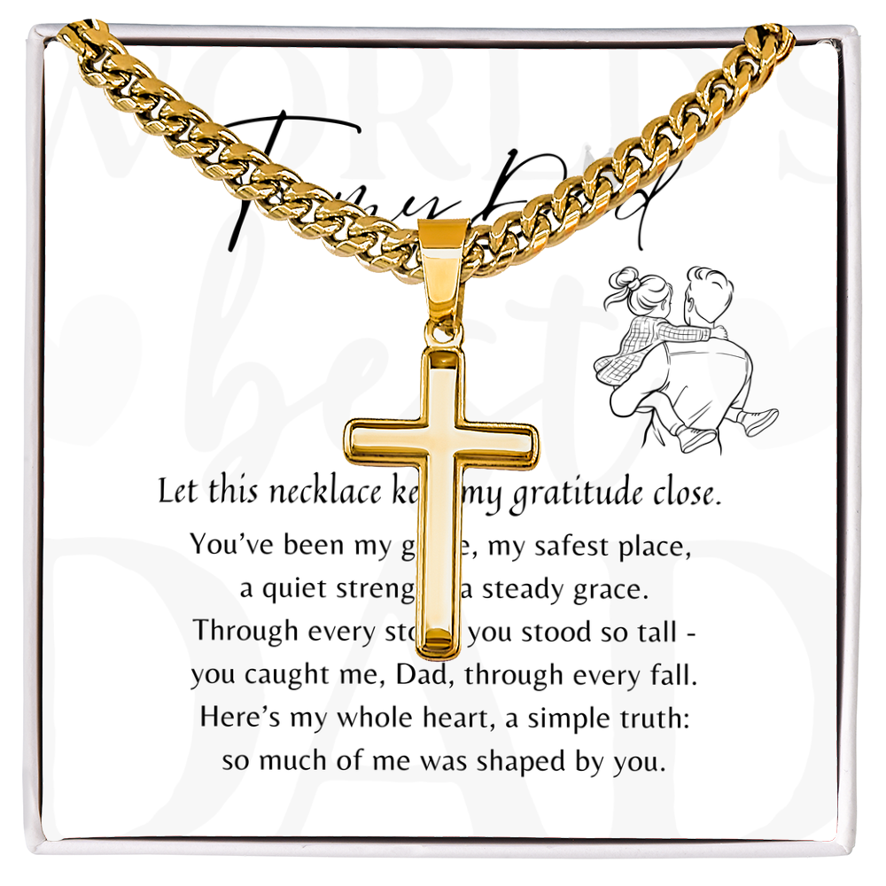 Artisan Cross Necklace for Dad – Stainless Steel or 18k Gold Finish with Cuban Chain | A Meaningful Gift for Dad displayed over a heartfelt message.