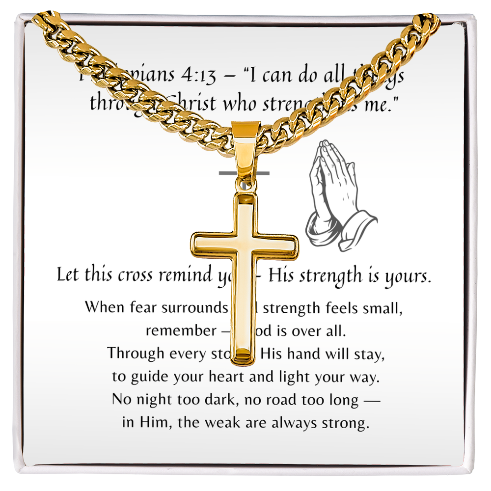 Artisan Cross with Cuban Link Chain for Him – A Meaningful Christian Gift for Him | Philippians 4:13 | Gold finish with scripture card and praying hands illustration