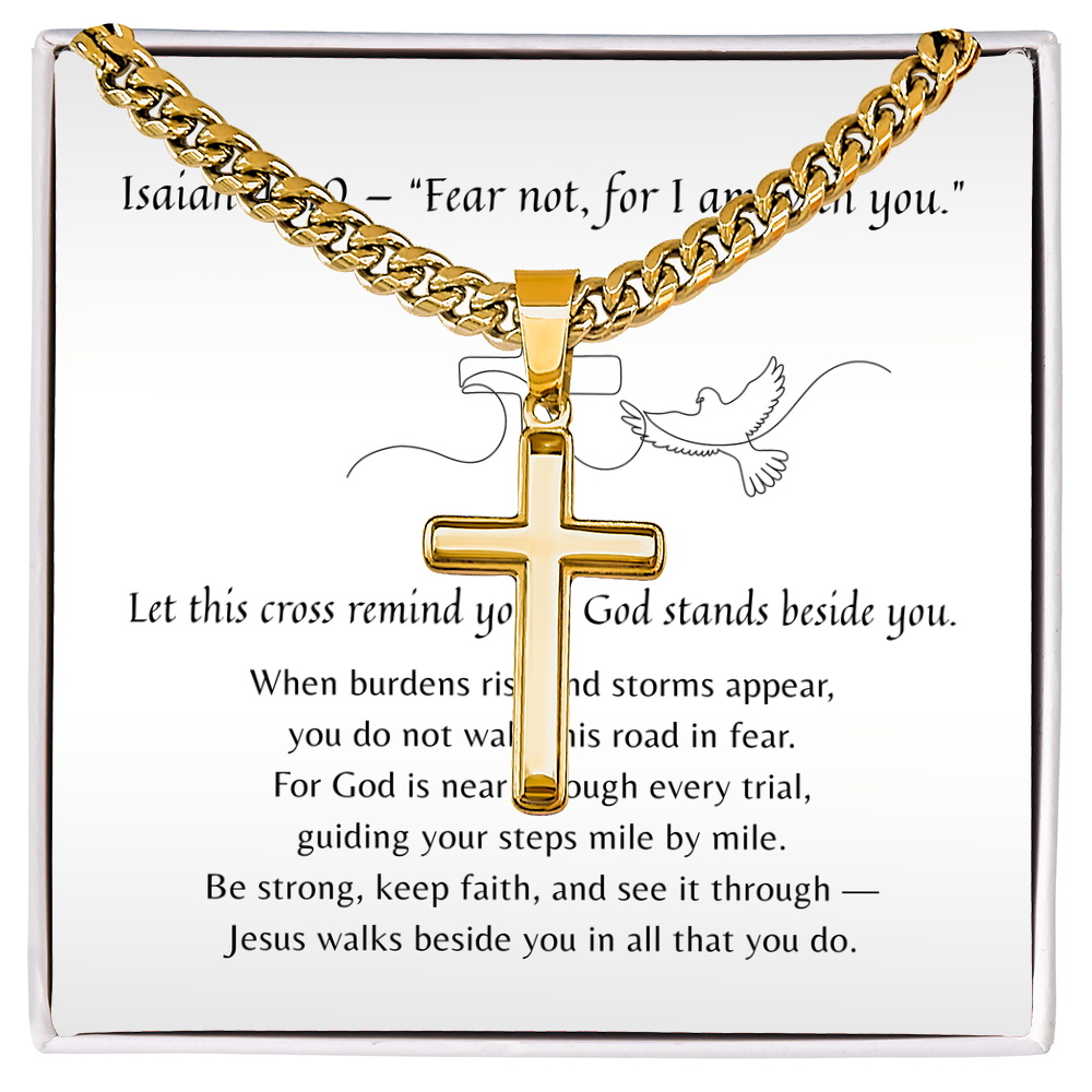 Artisan Cross with Cuban Link Chain for Him – A Meaningful Christian Gift for Him | Isaiah 41:10 | Stainless Steel or 18k Yellow Gold Finish displayed with scripture card.