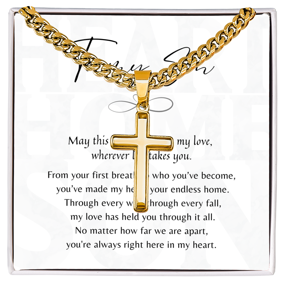 Christian Artisan Cross Necklace for Son – Gift from Mom or Dad displayed with heartfelt message card and gold chain centerpiece