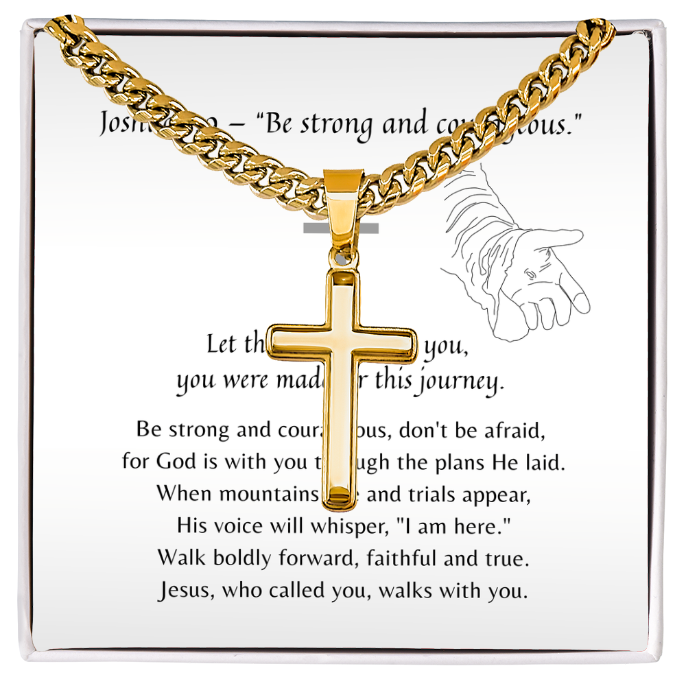 Christian Artisan Cross Necklace for Him – Faith-Inspired Gift in gold chain displayed with encouraging scripture card and hand illustration