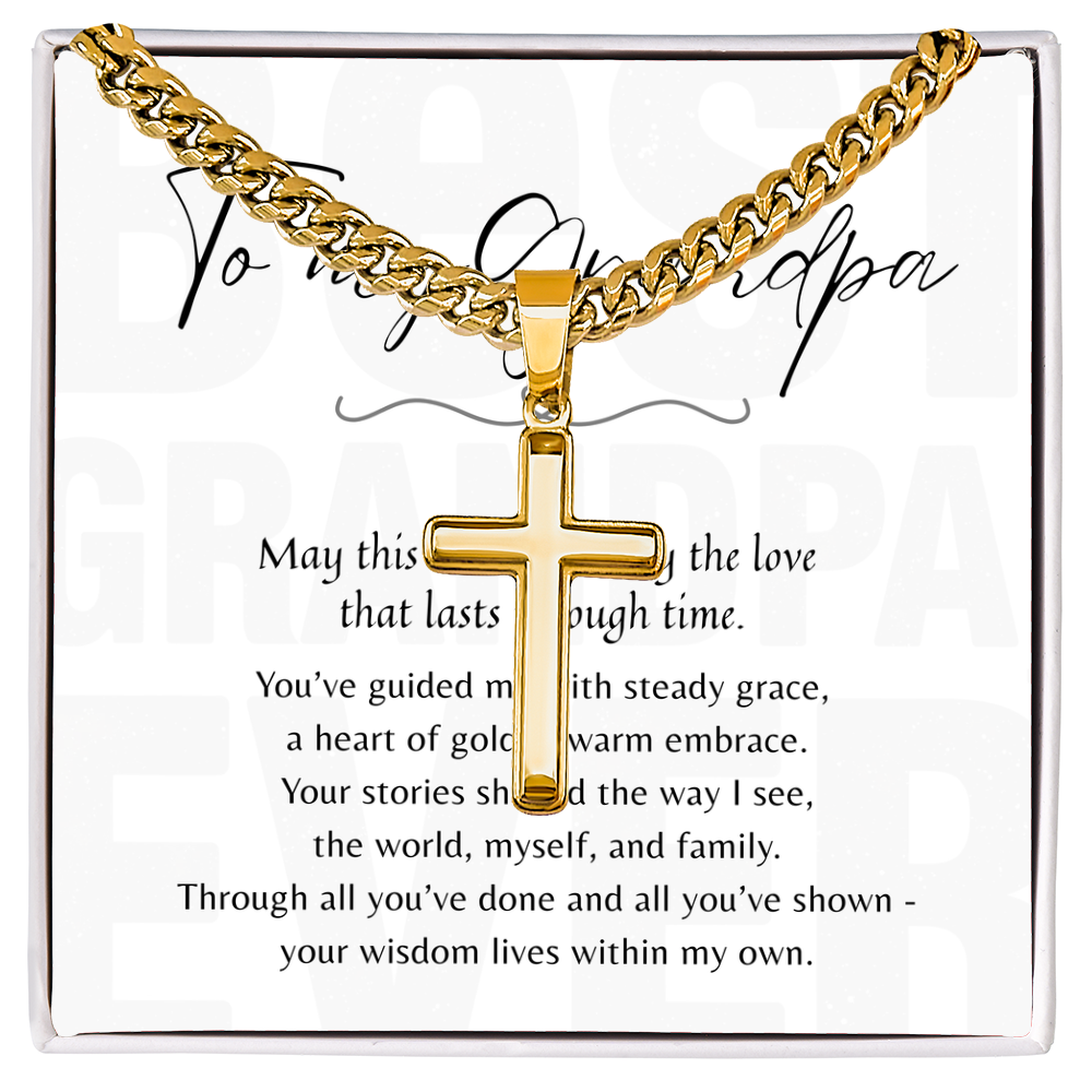 Artisan Cross Necklace for Grandpa – Stainless Steel or 18k Gold Finish with Cuban Chain | A Meaningful Gift for Grandpa displayed on a gift card.