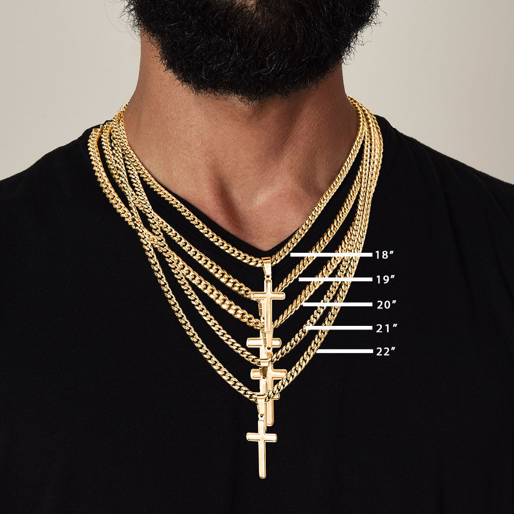 Christian Artisan Cross Necklace for Son – Gift from Mom or Dad displayed in layered gold chains on man wearing black shirt