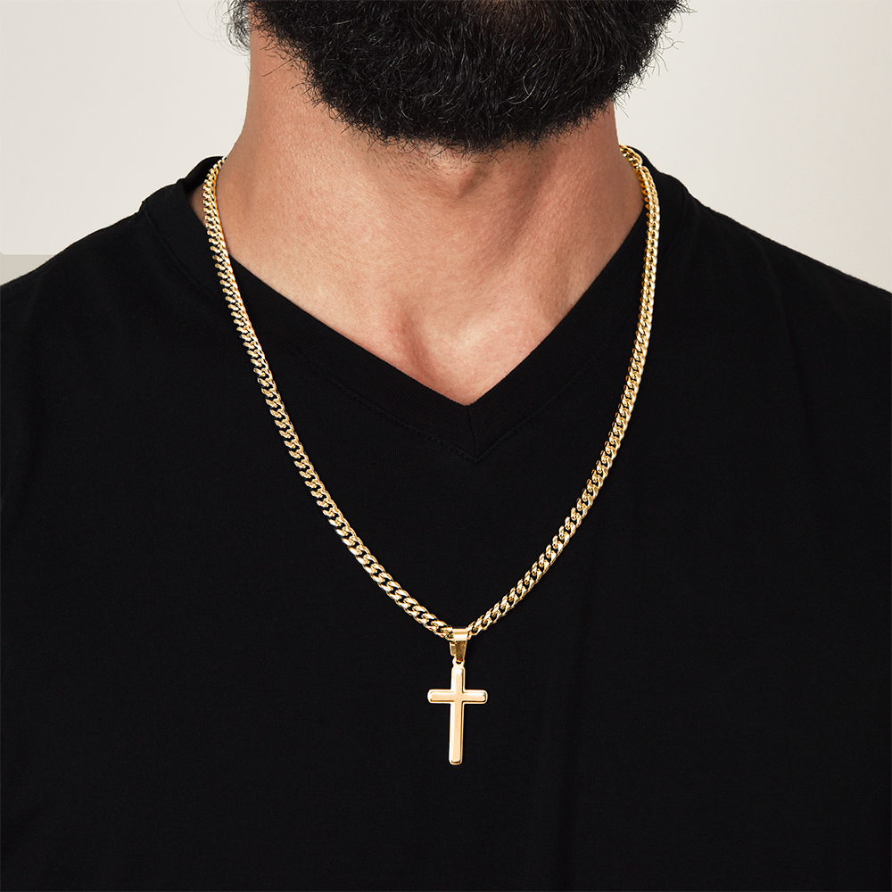 Artisan Cross with Cuban Link Chain for Him – A Meaningful Christian Gift for Him | Philippians 4:13 | Gold finish worn on black shirt