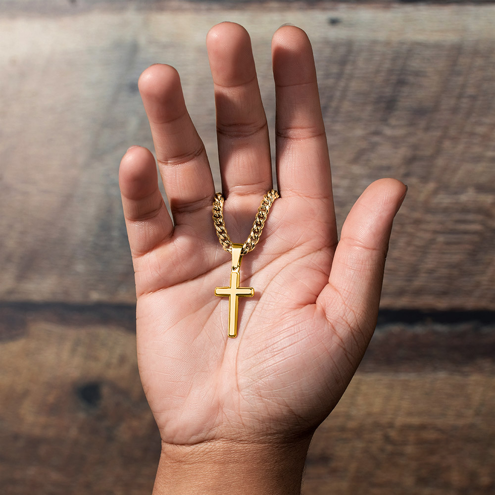 Artisan Cross with Cuban Link Chain for Him – A Meaningful Christian Gift for Him | Philippians 4:13 | Gold finish held in hand on wood background