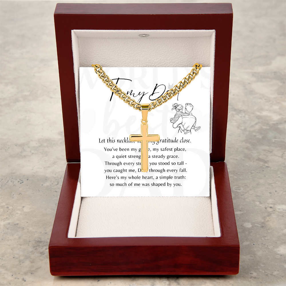 Artisan Cross Necklace for Dad – Stainless Steel or 18k Gold Finish with Cuban Chain | A Meaningful Gift for Dad displayed in gift box with poem card