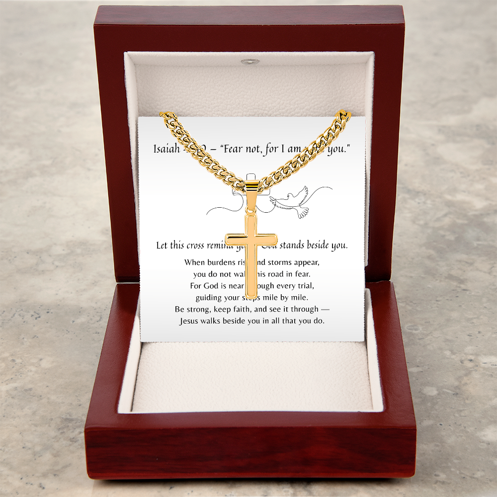 Artisan Cross with Cuban Link Chain for Him – A Meaningful Christian Gift for Him | Isaiah 41:10 | Gold finish displayed in polished wooden gift box